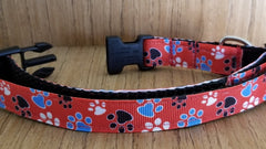 Leash/ Small/ Red & White & Blue & Black Paw Prints